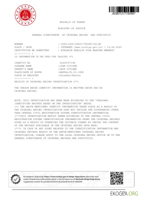 Certificat de casier judiciaire du ministère turc de la Justice